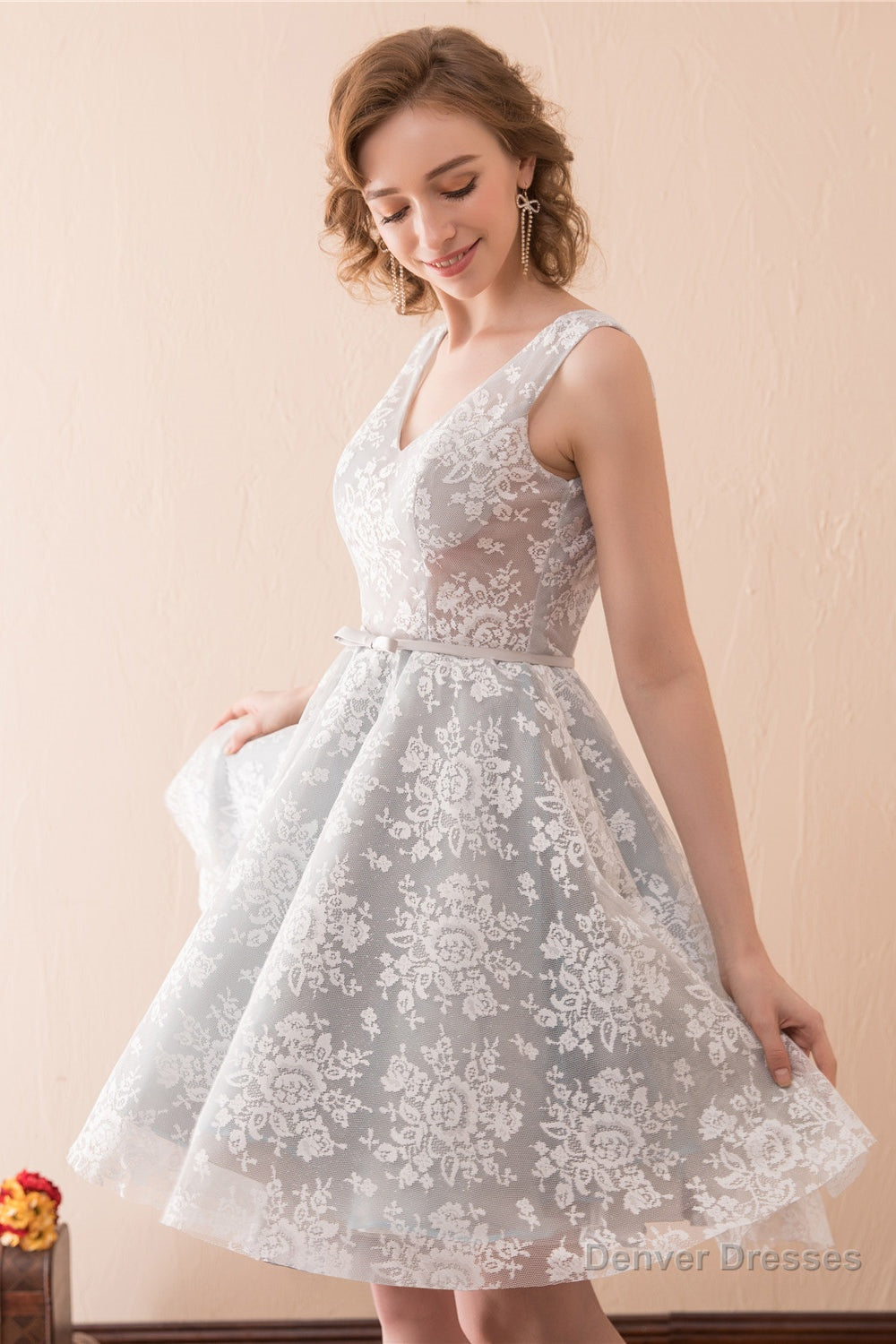Lace V Neck Grey Short Homecoming Dresses with Ribbon Main image