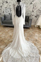 Lace V-Neck Lace-Up Back Long Sleeve Mermaid Wedding Dress