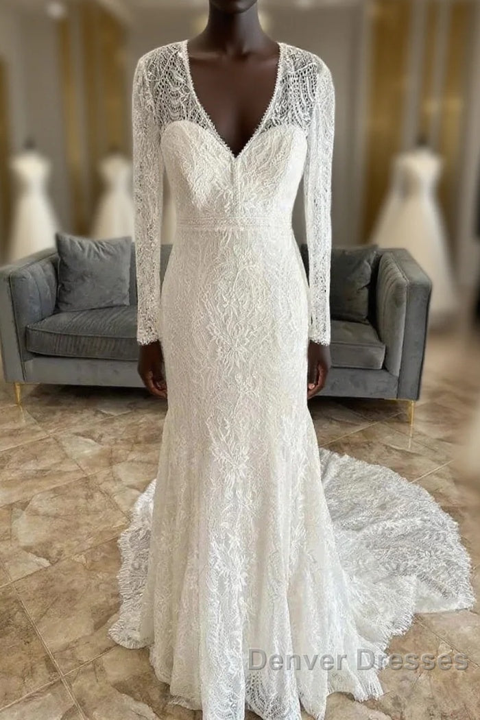 Lace V-Neck Lace-Up Back Long Sleeve Mermaid Wedding Dress