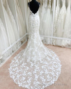 Lace V Neck Mermaid Wedding Dress Open Back
