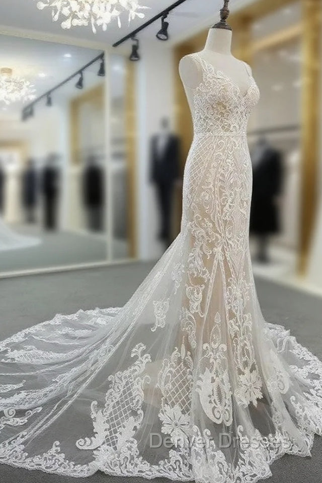 Lace V Neck Mermaid Wedding Dress Main image