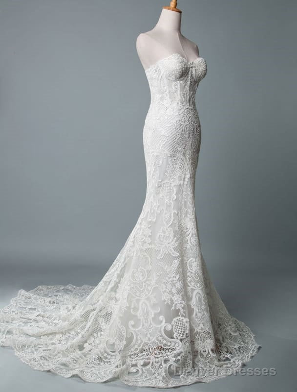 Lace Wedding Dress Mermaid Sweetheart Strapless Sleeveless Floor Length With Train Bridal Dresses Secondary image