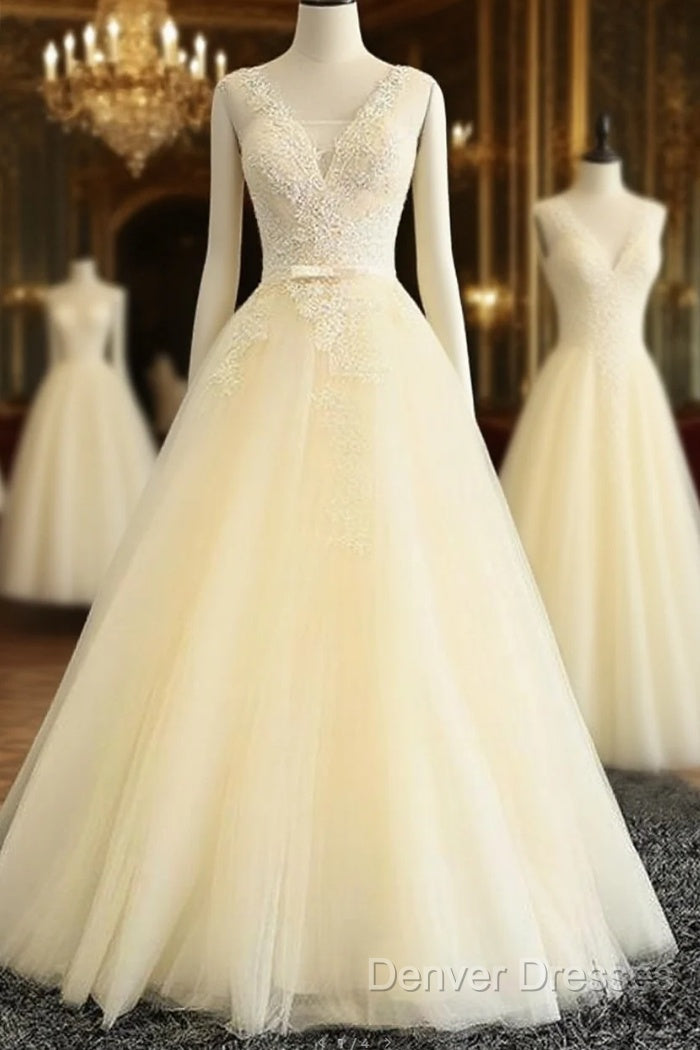 Lace Wedding Dress, Lovely Light Champagne Tulle Long Lace Prom Dress Main image