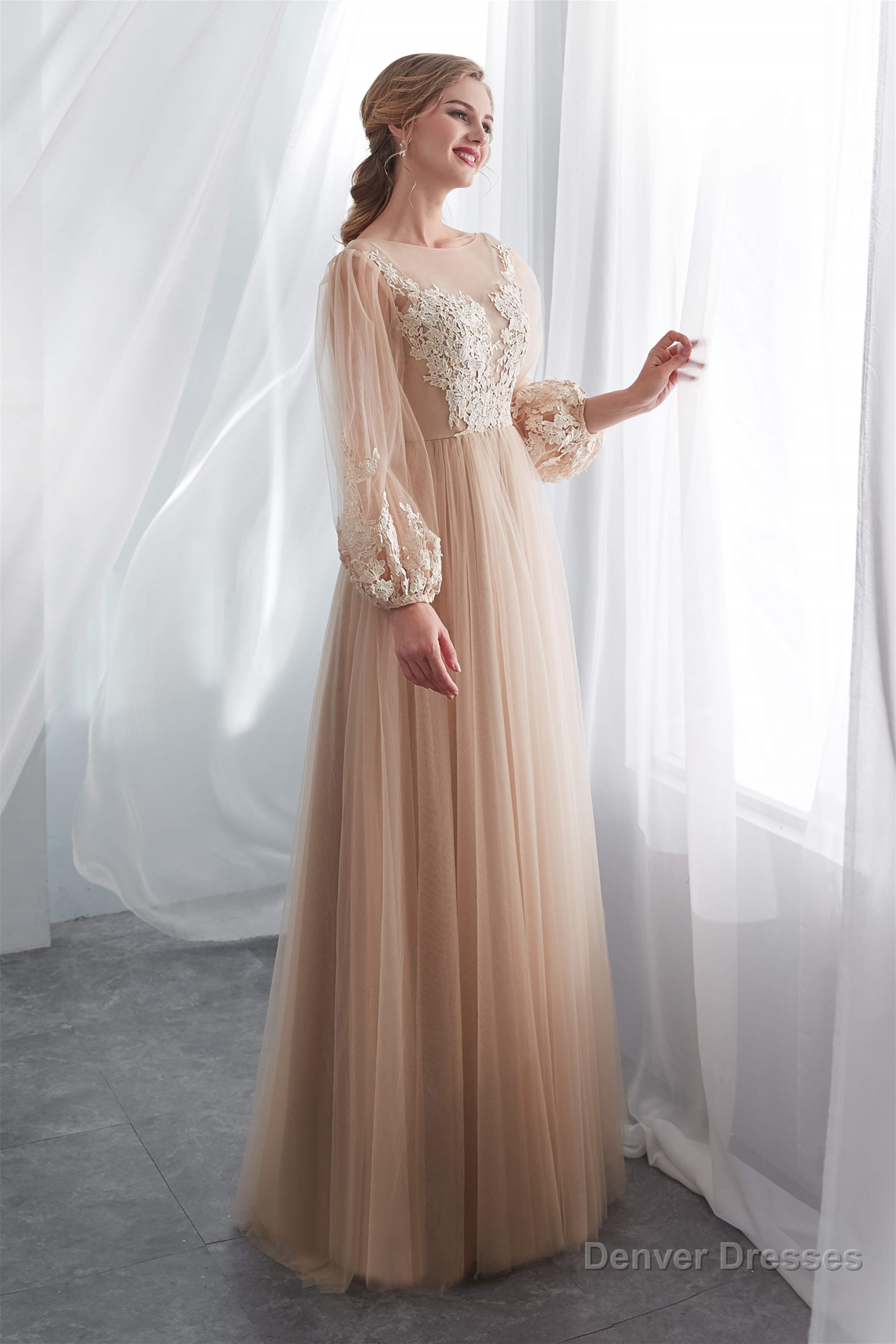 Lantern Sleeve Champagne Appliques Long Prom Dresses