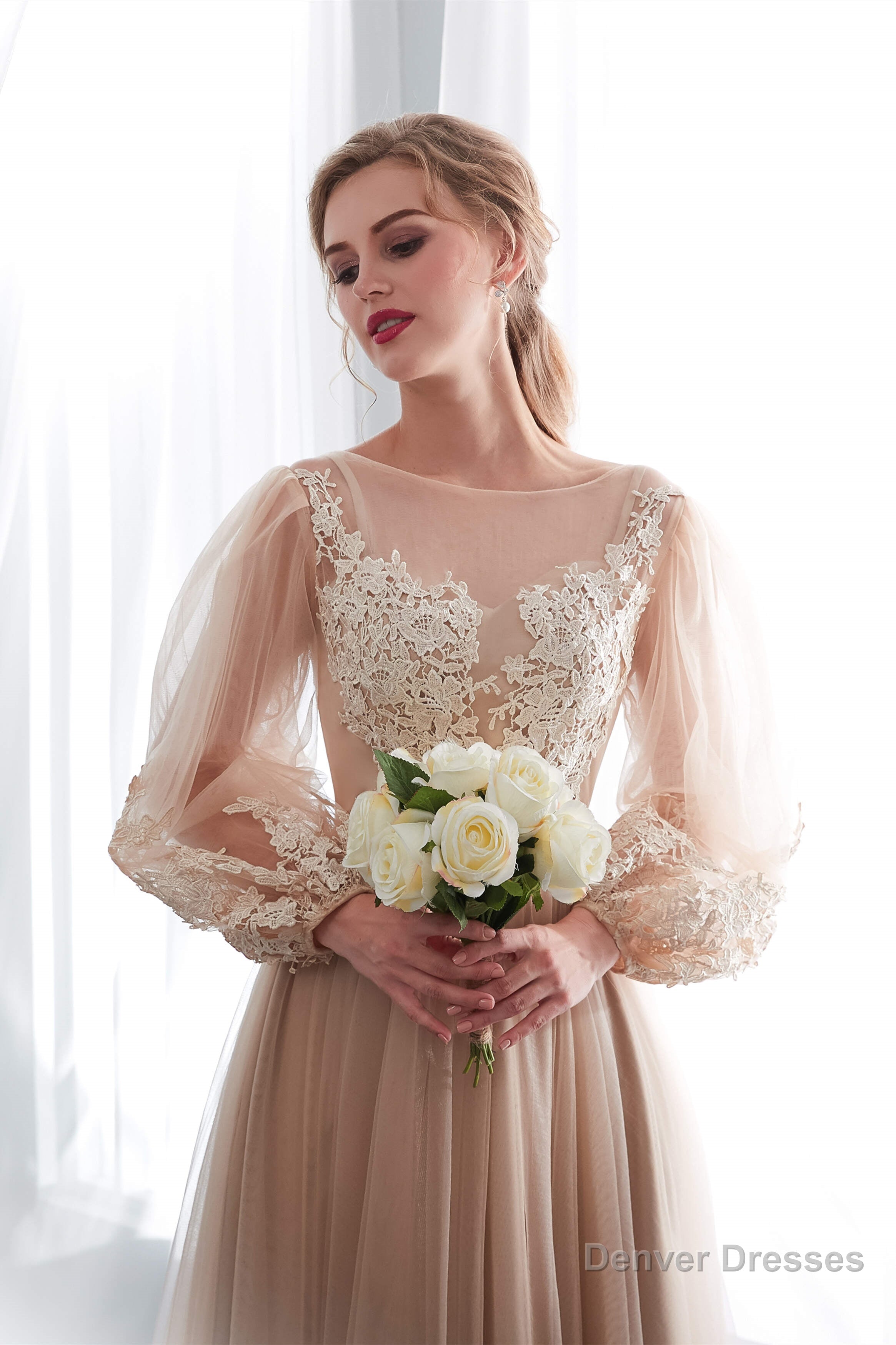 Lantern Sleeve Champagne Appliques Long Prom Dresses