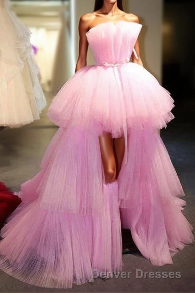Latest High Low A-line Strapless Tulle Pink Formal Prom Dress Main image