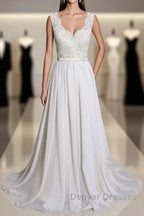 Latest Long A-line V-neck Lace Chiffon Wedding Dress