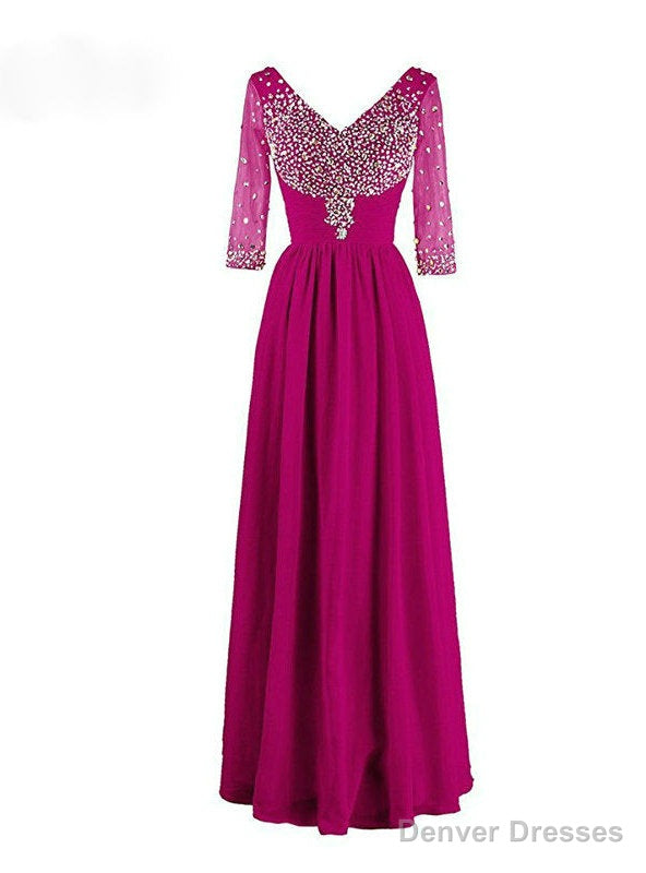 Latest Long Evening Dress With 3/4 Sleeves V-neck Beadings Chiffon Main image