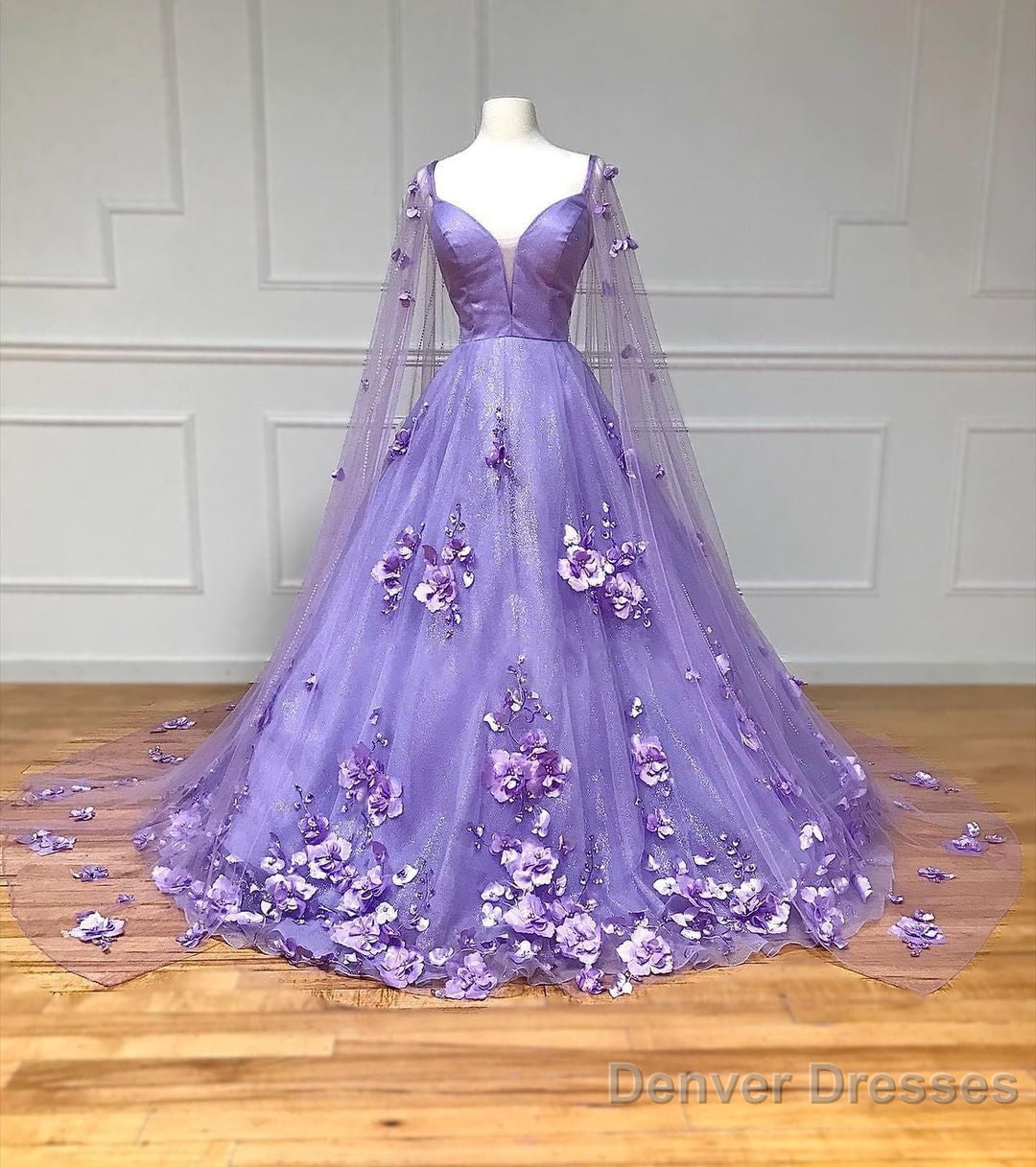 Lavender 3D Floral Lace A-Line Prom Dress with Cape Sleeves