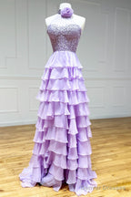 Lavender A line High Neck Tiered Chiffon Prom Dress with 3D Flower