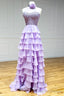 Lavender A line High Neck Tiered Chiffon Prom Dress with 3D Flower