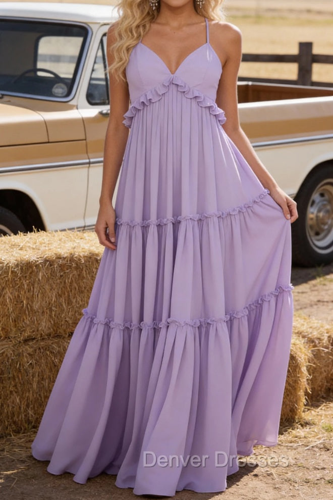 Lavender A-line V Neck Sleeveless Floor-Length Chiffon Prom Dress Long Prom Dresses Backless with Pleated Ruffles