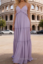 Lavender A-line V Neck Sleeveless Floor-Length Chiffon Prom Dress Long Prom Dresses Backless with Pleated Ruffles