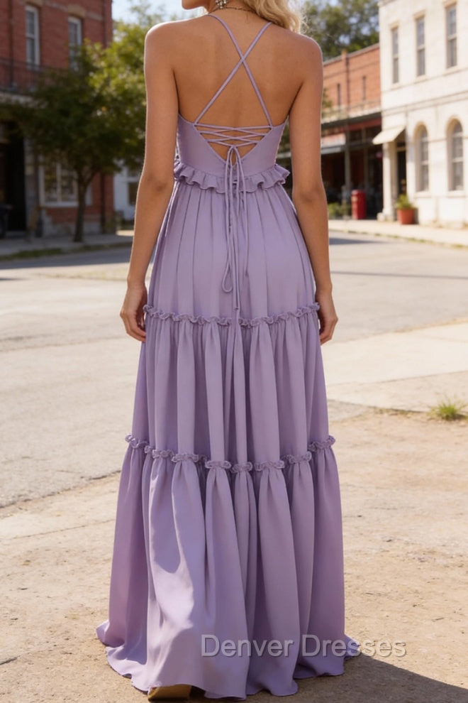 Lavender A-line V Neck Sleeveless Floor-Length Chiffon Prom Dress Long Prom Dresses Backless with Pleated Ruffles