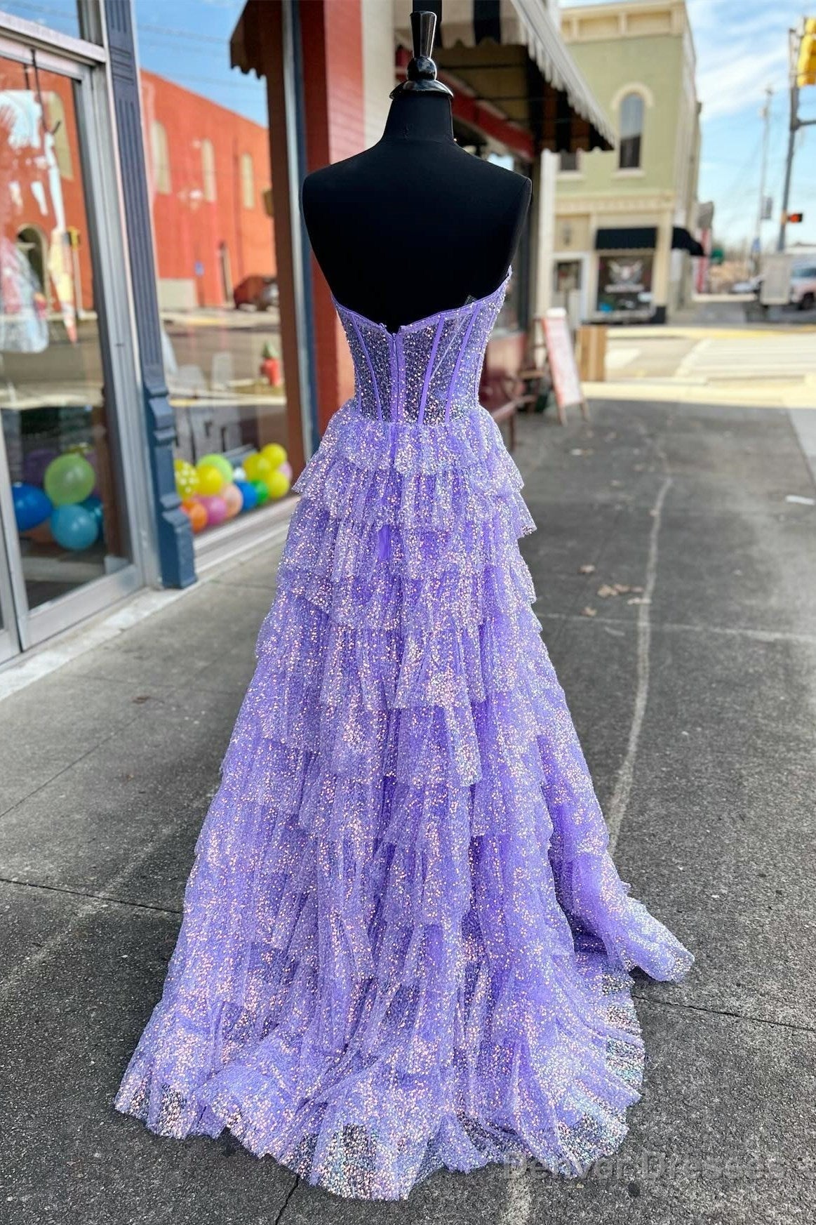 Lavender Glitter Tulle Corset Ruffle Tiered Long Prom Dress with Slit Secondary image