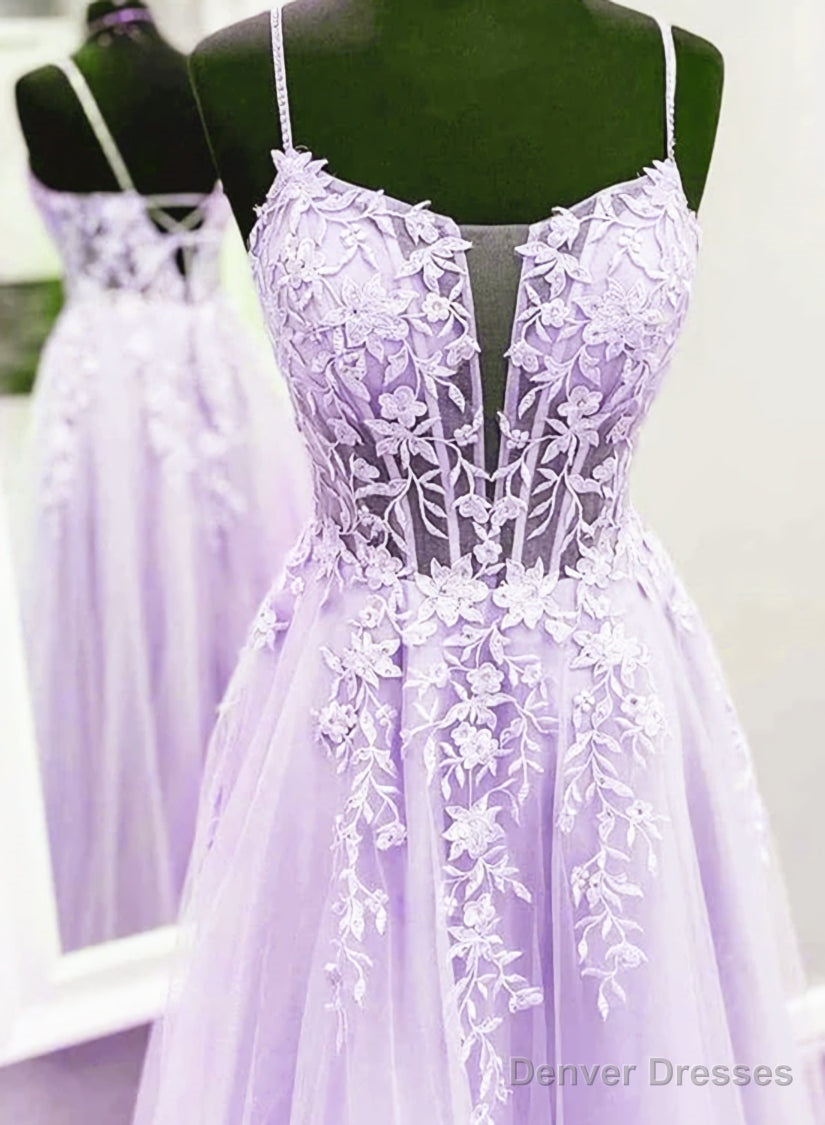Lavender Lace Applique Tulle A-line Party Dress, Floor Length Evening Gown Main image