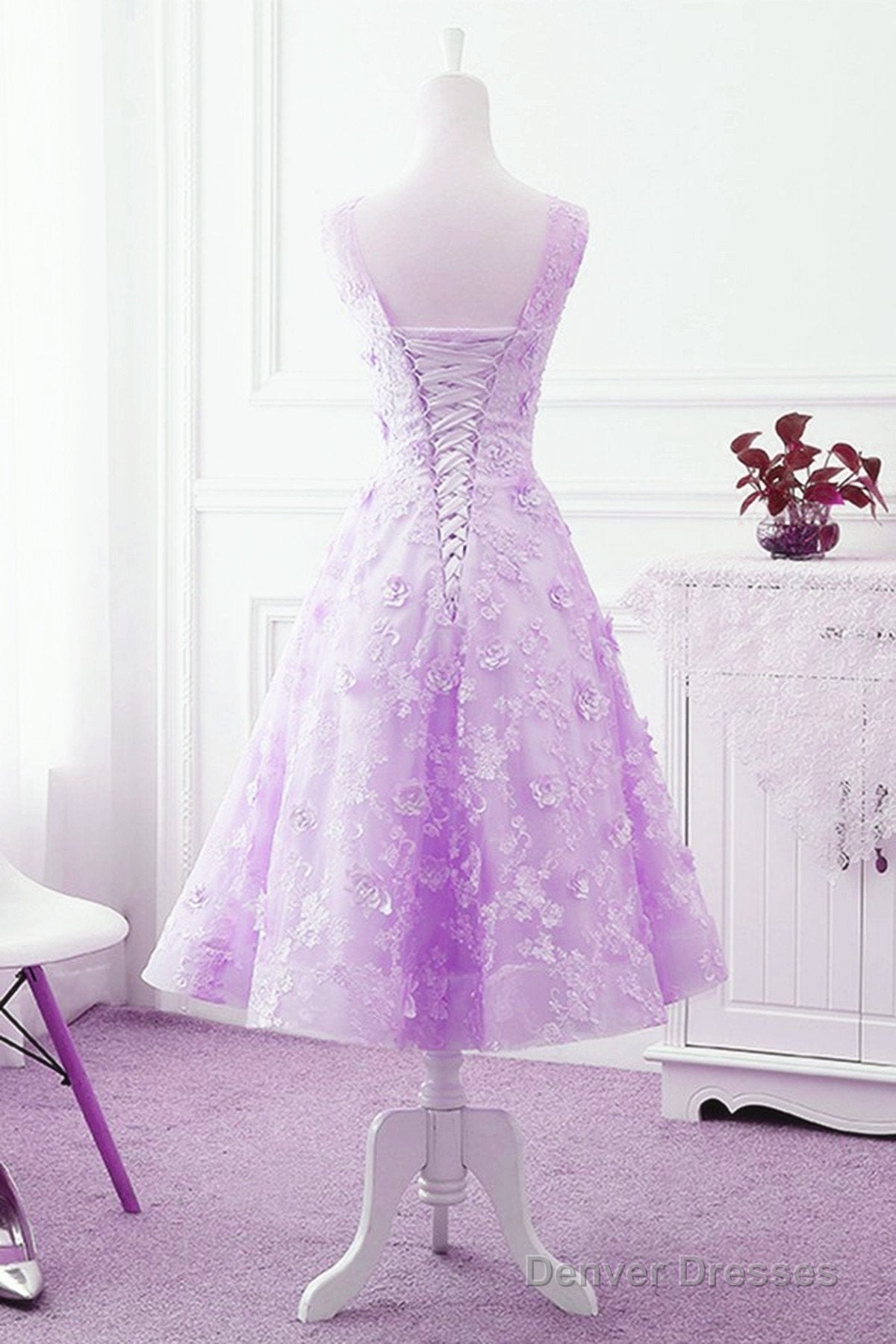 Lavender Lace Tea Length Wedding Party Dress, Vintage Style Homecoming Dress Secondary image