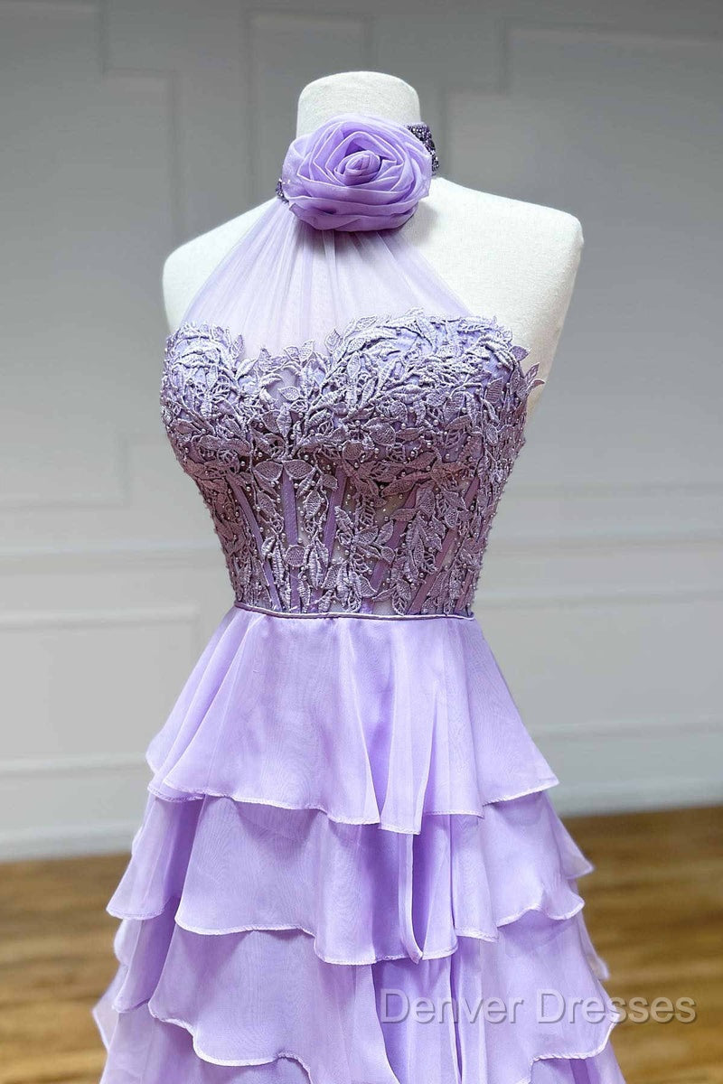 Lavender Long Tiered Violet Prom Dress Ruffle High Neck With 3D Flower Secondary image