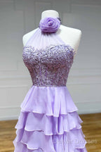 Lavender Long Tiered Violet Prom Dress Ruffle High Neck With 3D Flower