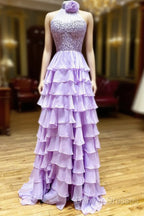 Lavender Long Tiered Violet Prom Dress Ruffle High Neck With 3D Flower