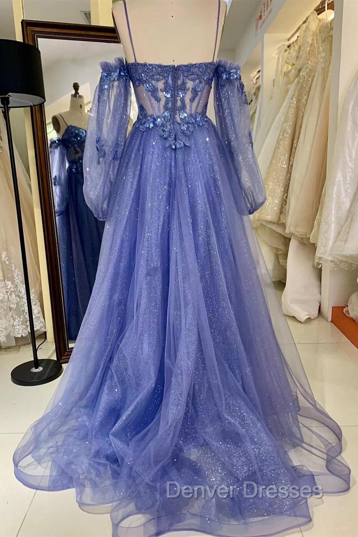 Lavender Off-The-Shoulder Sequins Applique Boning Long Prom Dress