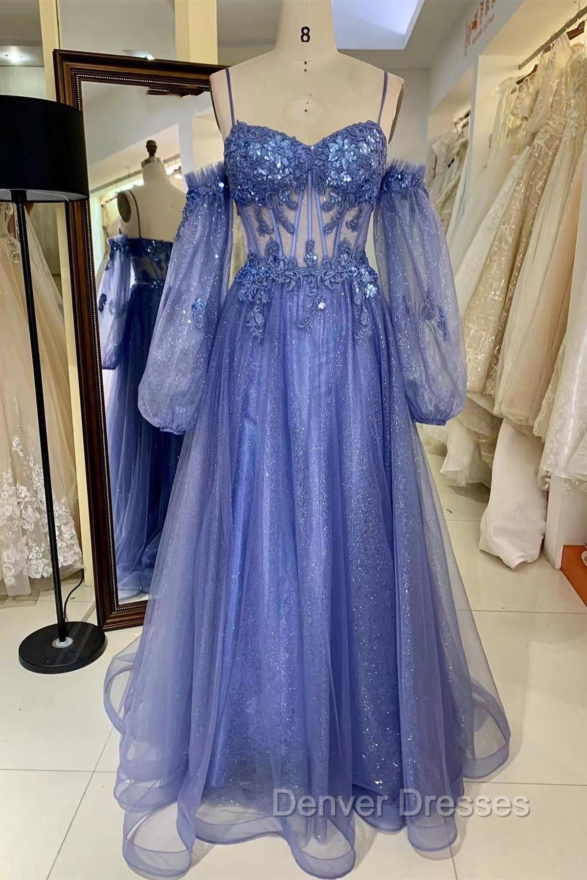 Lavender Off-The-Shoulder Sequins Applique Boning Long Prom Dress