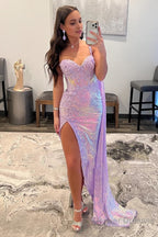 Lavender One Shoulder Sequin Corset Prom Dress with Slit Formal Evening Dresses