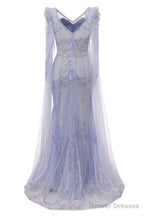 Lavender Prom Dresses Mermaid Heavily Beading Tulle Women Luxury Evening Dresses With Long Sleeves