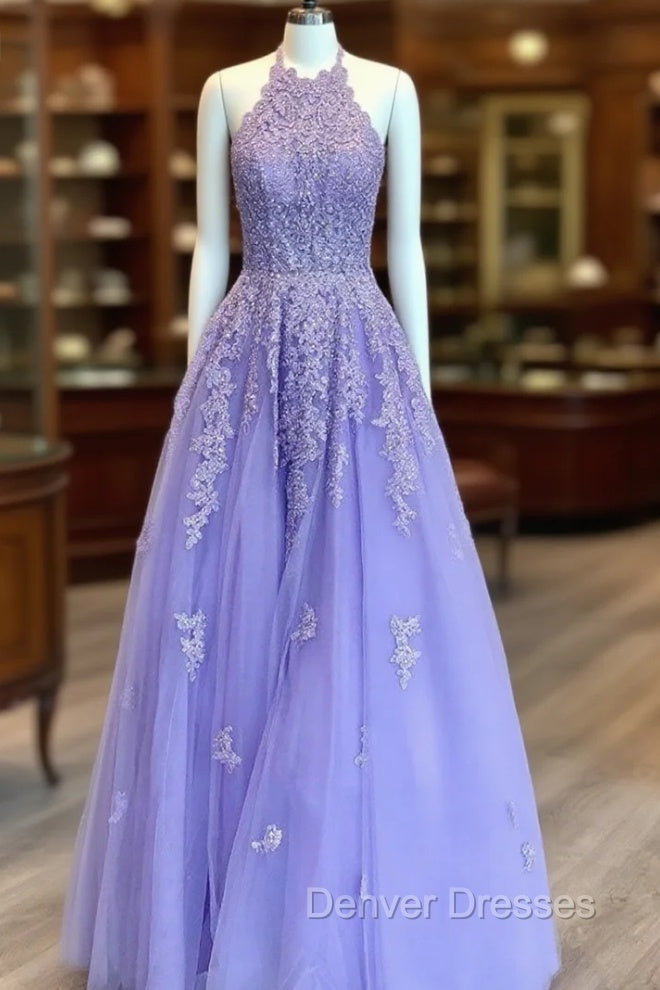 Lavender Prom Dress, Princess Halter Long/Floor-Length Lace Tulle Prom Dress With Appliqued Beading Main image