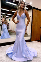Lavender Rhinestone Spaghetti Straps Mermaid Prom Dress