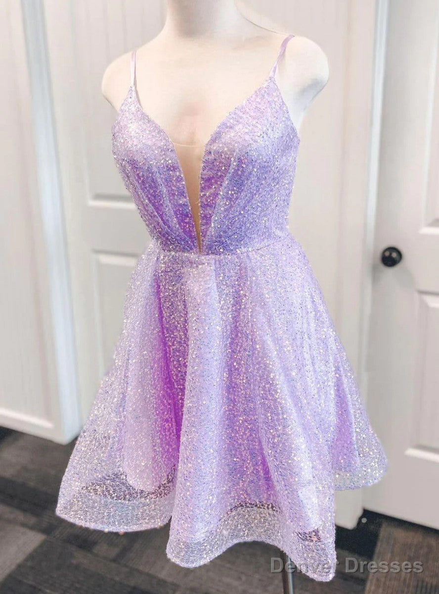 Lavender Sequins Spaghetti Straps Homecoming Dress Main image
