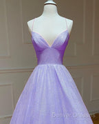 Lavender Sparkly Prom Dress V Neck Ball Gown