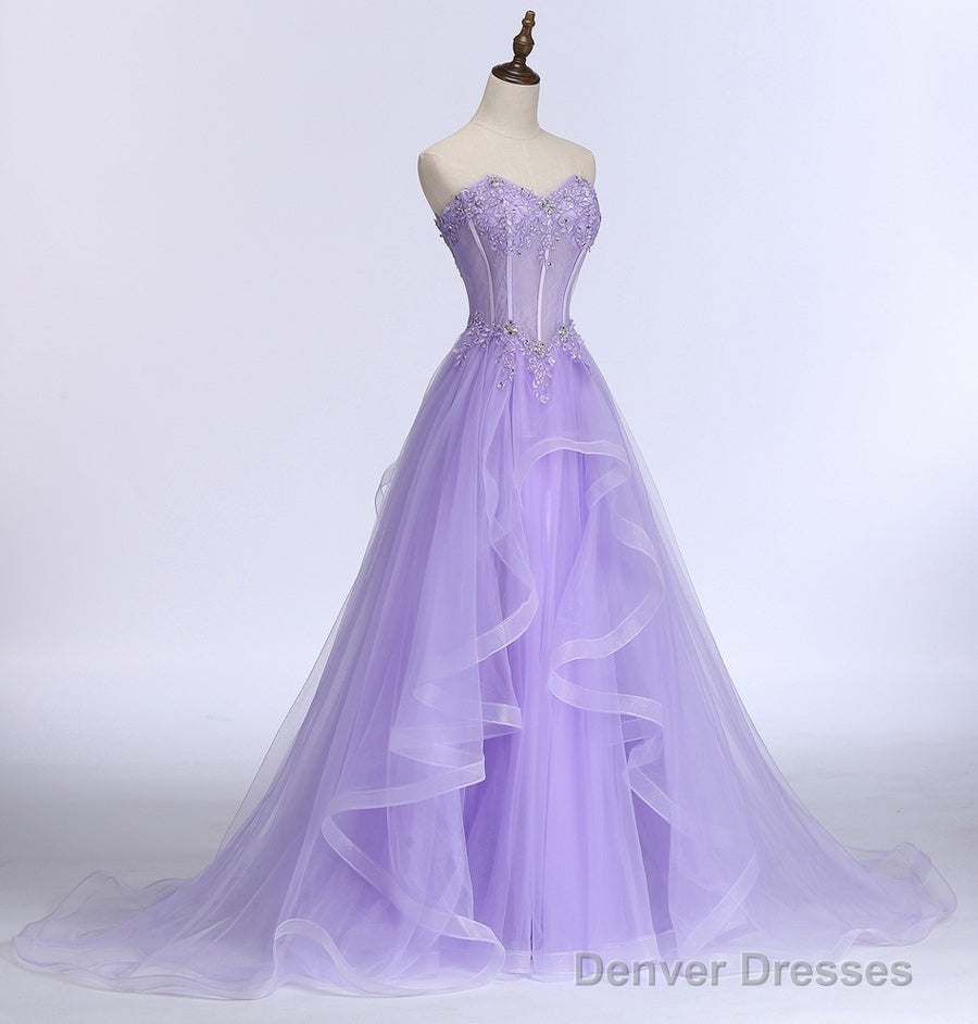 Lavender Sweetheart Tulle A-Line Lace Applique Party Dress, Beautiful Sweet 16 Dress