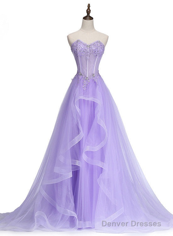 Lavender Sweetheart Tulle A-Line Lace Applique Party Dress, Beautiful Sweet 16 Dress Main image