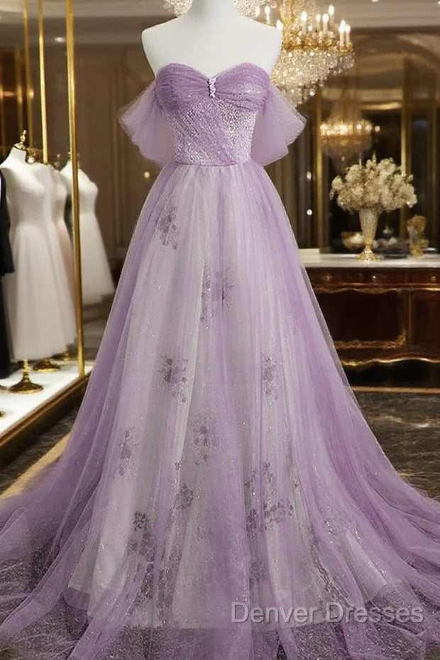 Lavender Tulle A-Line Beaded Off Shoulder Party Dress, Lavender Long Formal Dress Main image