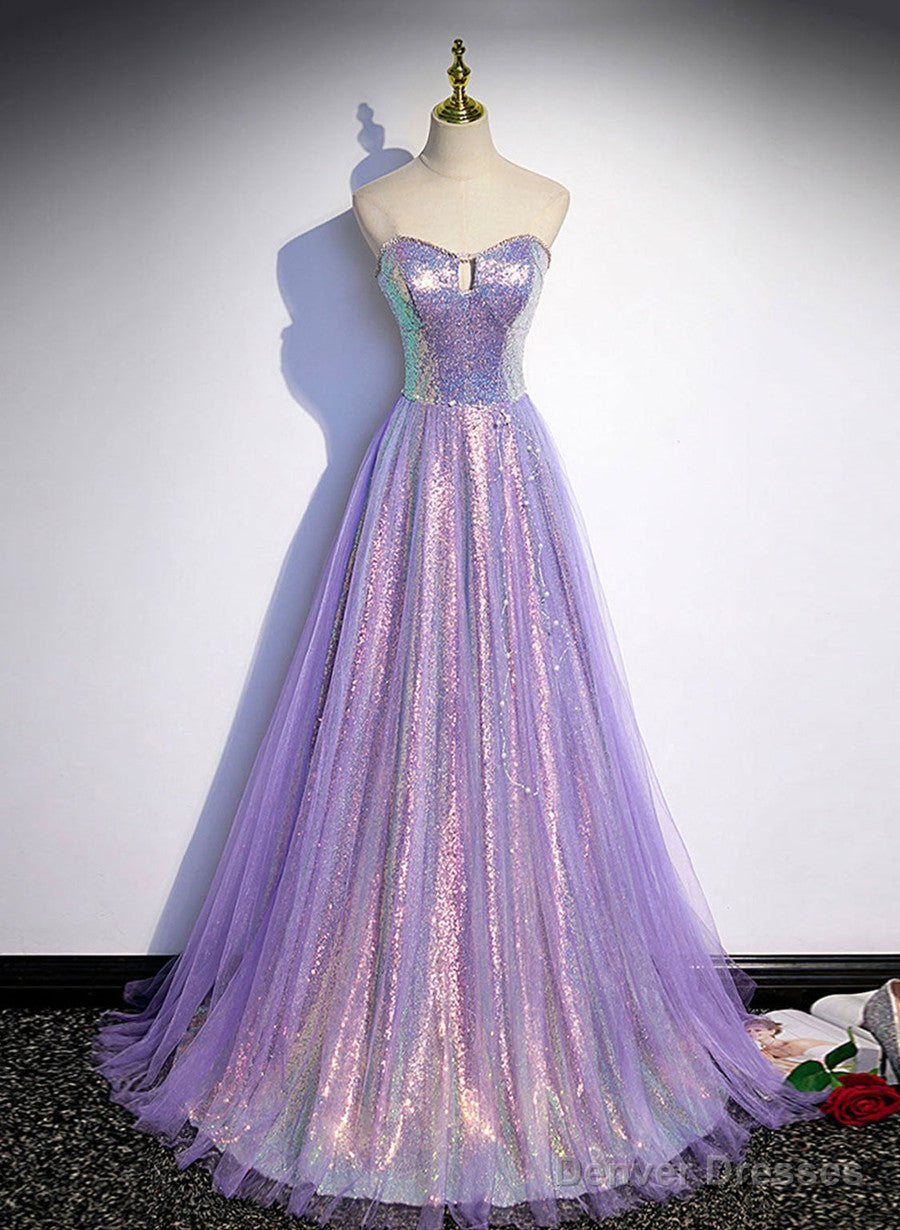 Lavender Tulle and Sequins Sweetheart Long Pary Dress, A-line Prom Dress Formal Dresses Secondary image