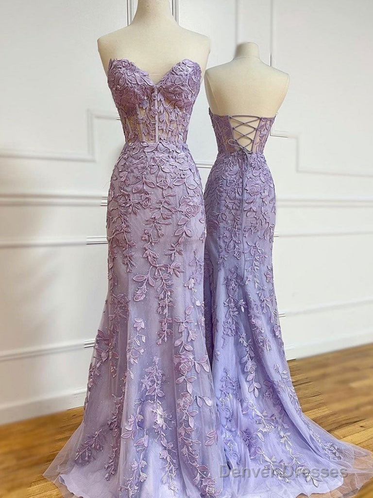Lavender Tulle Mermaid Appliques See Through Prom Dress Main image
