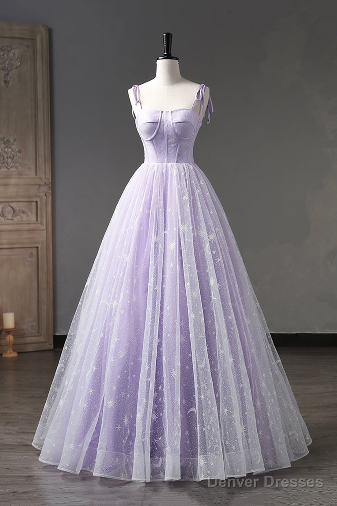 Lavender Tulle Straps Floor Length Evening Dress, Lavender A-Line Prom Dress Secondary image