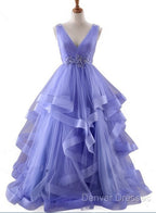 Lavender Tulle V-Neckline Layers Long Sweet 16 Dress, Light Purple Prom Dress Party Dress