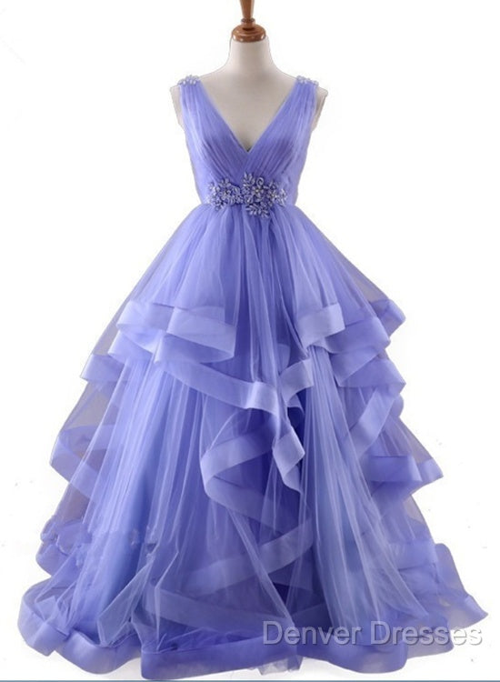 Lavender Tulle V-Neckline Layers Long Sweet 16 Dress, Light Purple Prom Dress Party Dress