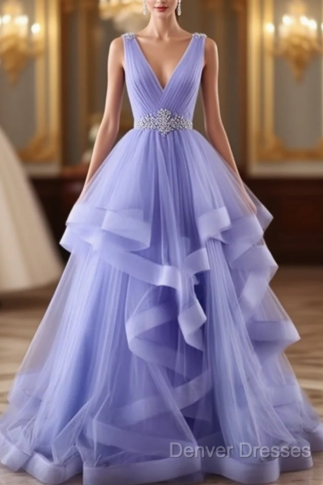 Lavender Tulle V-Neckline Layers Long Sweet 16 Dress, Light Purple Prom Dress Party Dress Main image