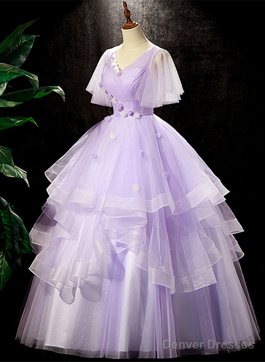 Lavender Tulle V-neckline Sweet 16 Dress with Flowers, Lavender Formal Dress Prom Dress Main image