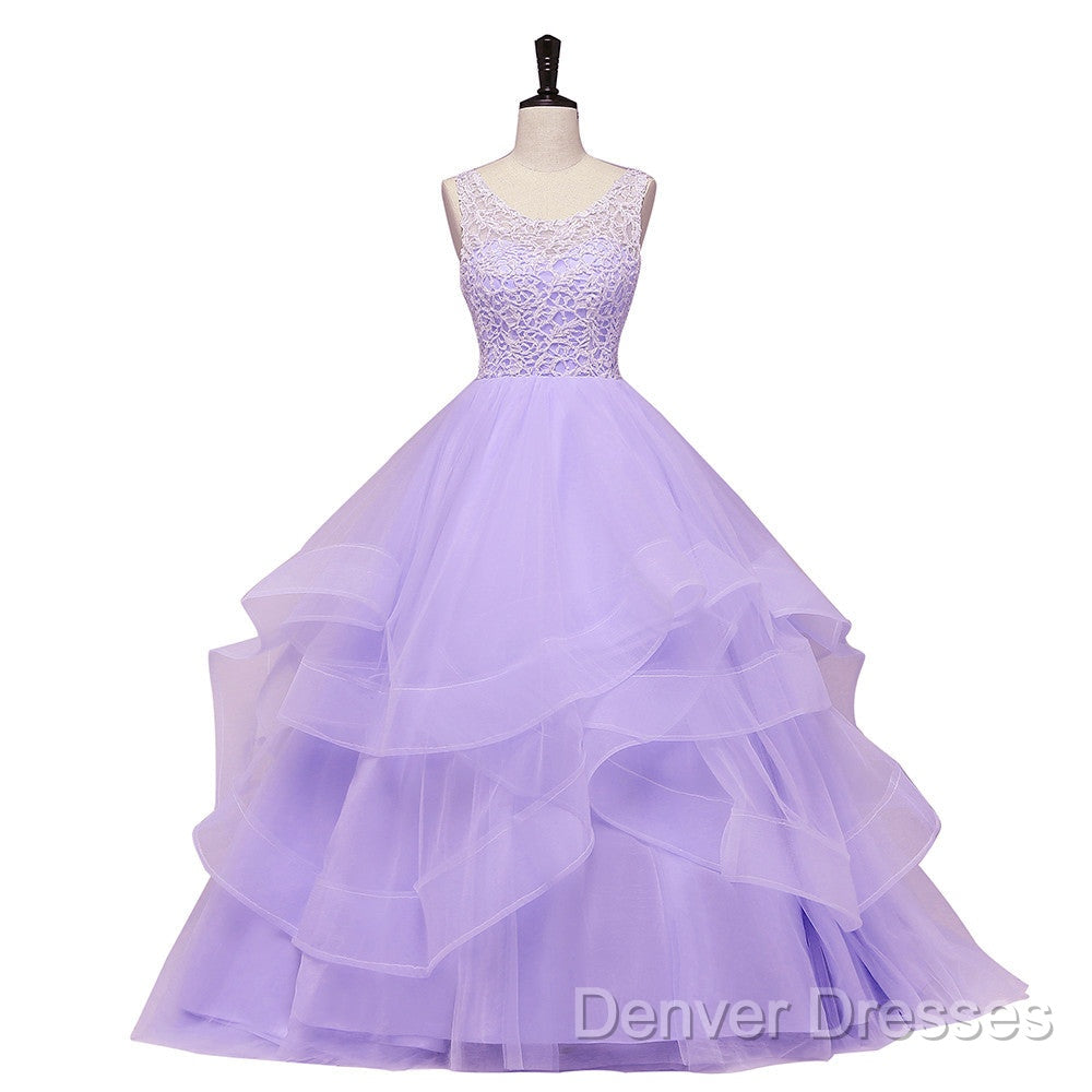 Lavender Tulle With Lace Ruffled Long Formal Gown, Ball Gown Sweet 16 Dress