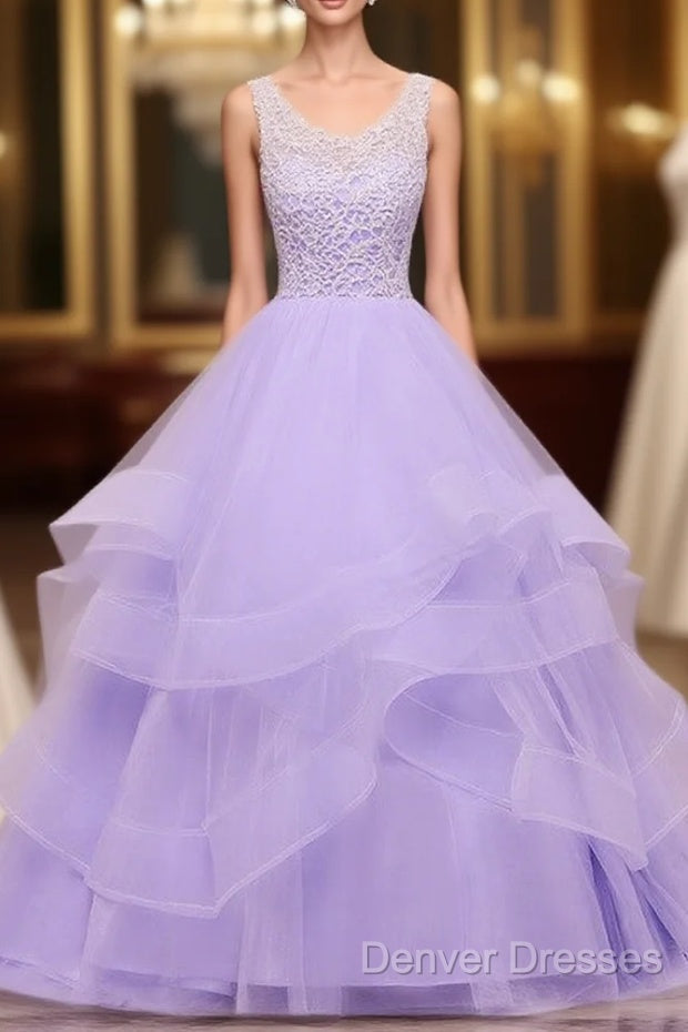 Lavender Tulle With Lace Ruffled Long Formal Gown, Ball Gown Sweet 16 Dress Main image
