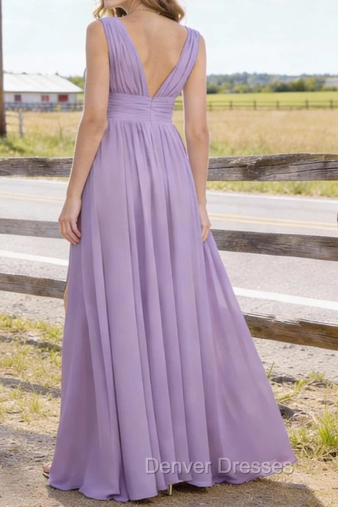 Lavender V Neck Chiffon Floor Length Bridesmaid Dresses Long Bridesmaid Dress With Pleated Split