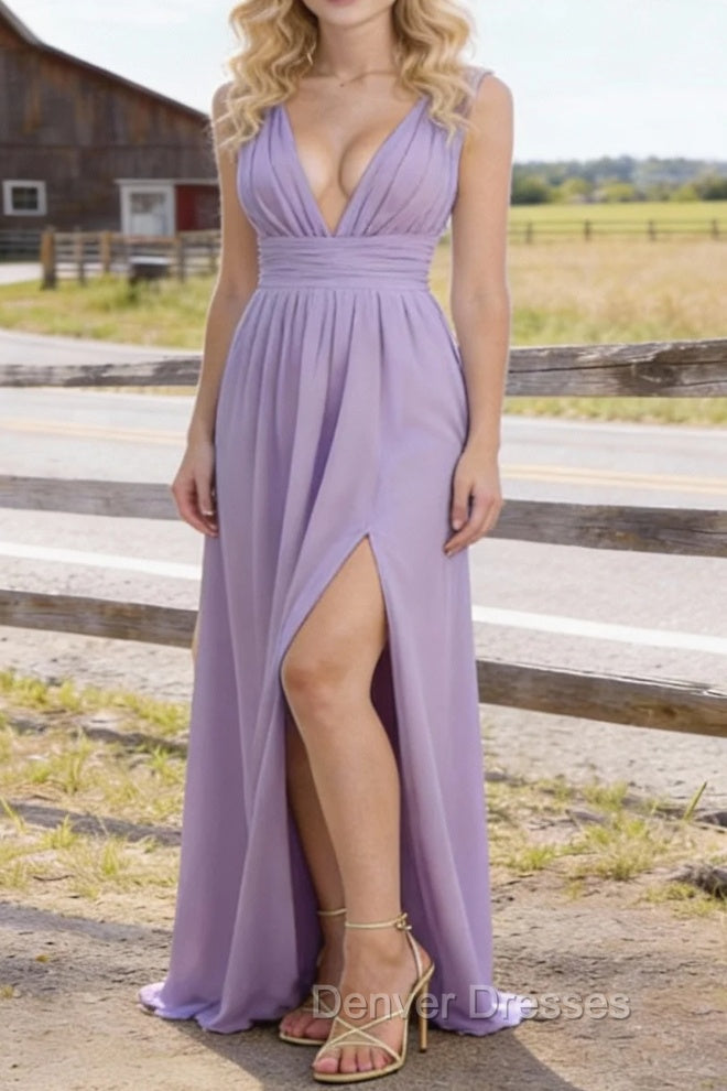 Lavender V Neck Chiffon Floor Length Bridesmaid Dresses Long Bridesmaid Dress With Pleated Split Main image