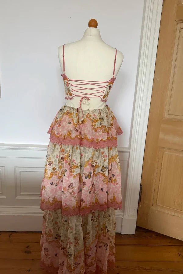 Orange Fashion Sweet Floral Layered Lace Long Prom Dress Evening Gown Garden Party Dress