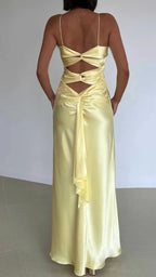 Yellow Fashion Elegant Satin Backless Long Spaghetti Straps Evening Gown Prom Dress