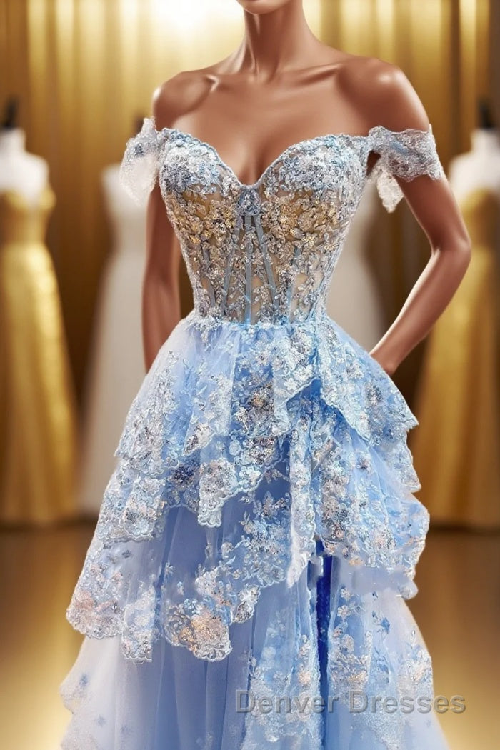 Off the Shoulder Light Blue Appliques Tiered Formal Gown Main image