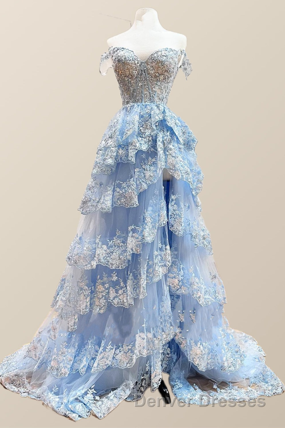Off the Shoulder Light Blue Appliques Tiered Formal Gown Secondary image